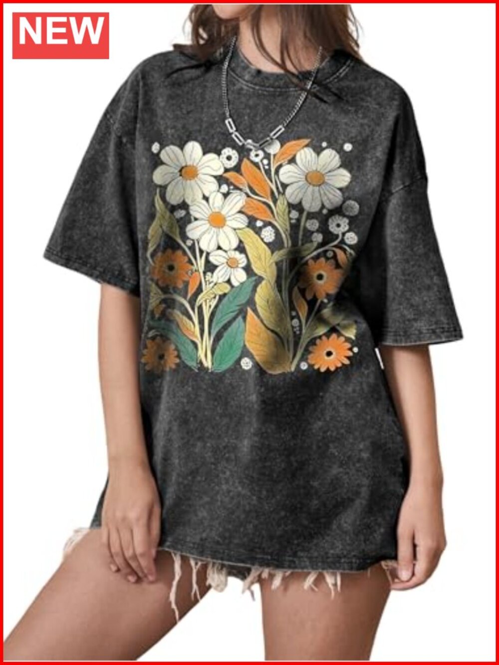 Oversized Flower Graphic T-Shirt Women's Short Sleeve Crew Neck Retro Acid Wash